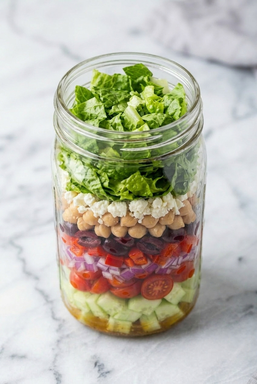 greek mason jar salad side view