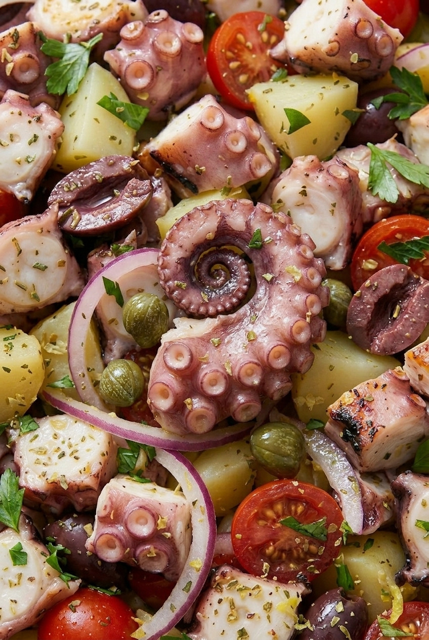 greek octopus salad close up