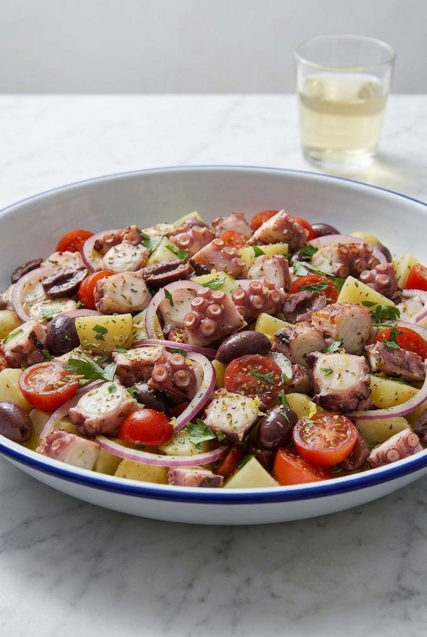 greek octopus salad side view