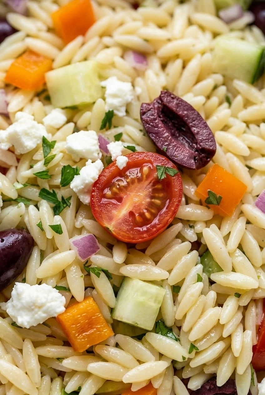 greek orzo salad close up
