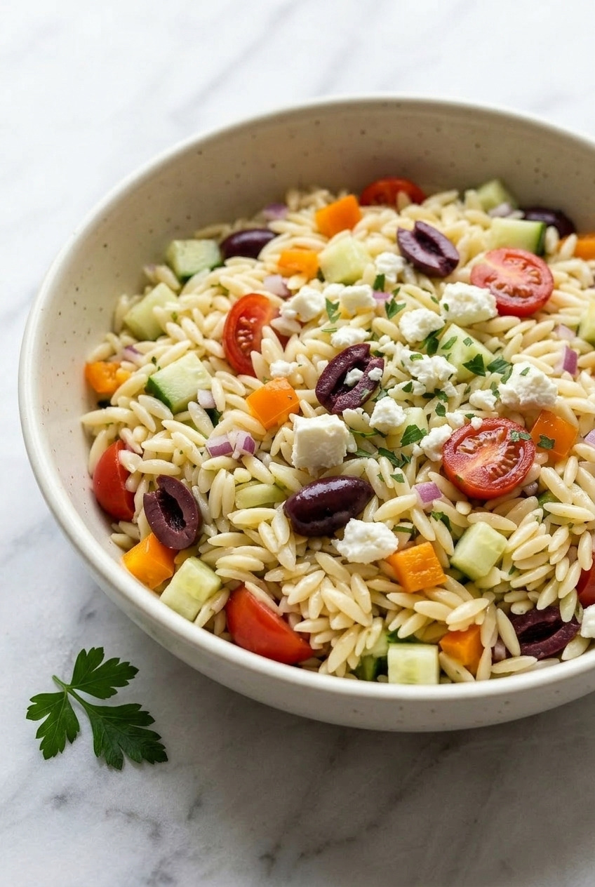 greek orzo salad dinner scene