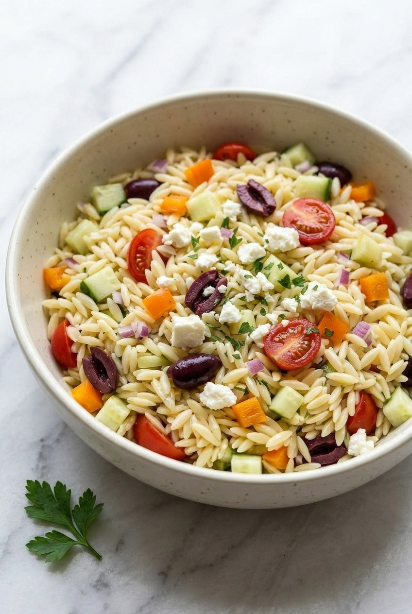 greek orzo salad side view