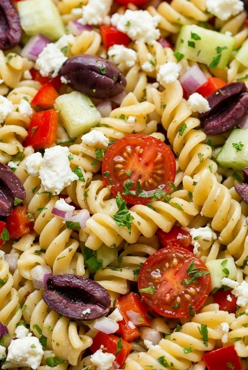 greek pasta salad close up