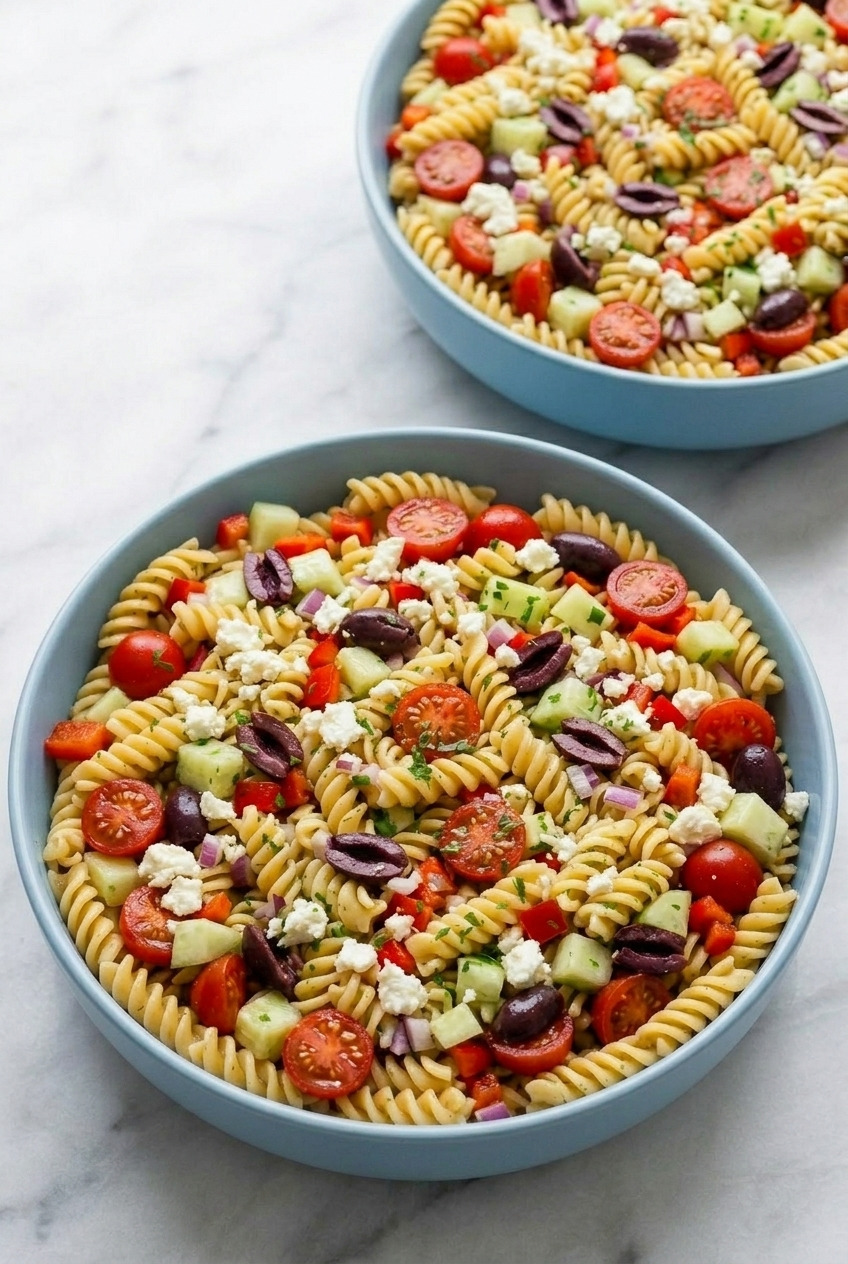 greek pasta salad dinner scene