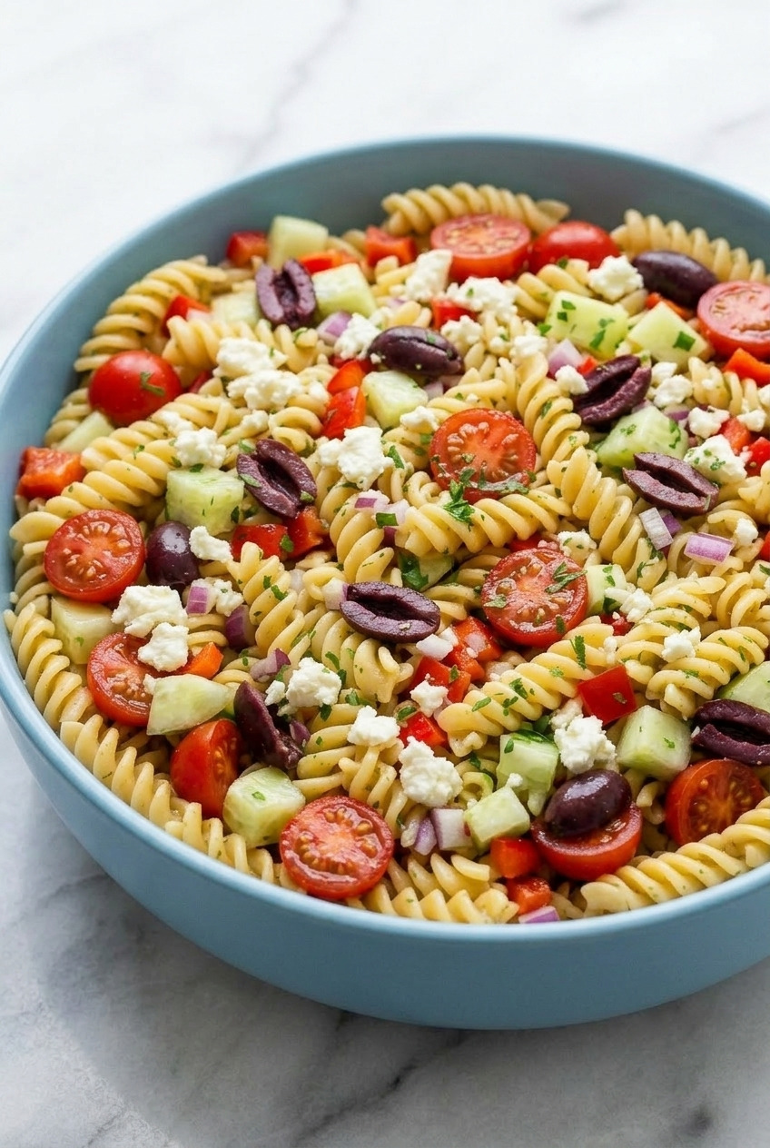 greek pasta salad side view
