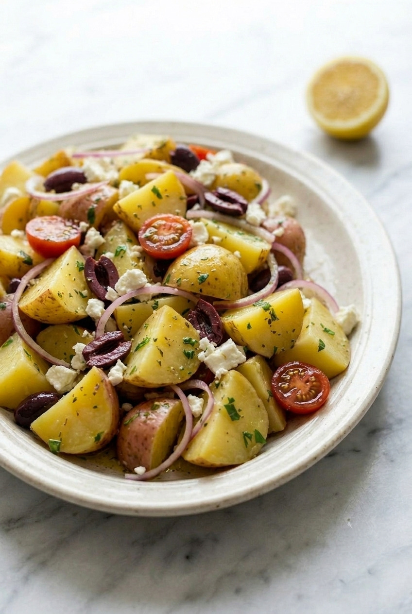greek potato salad dinner scene