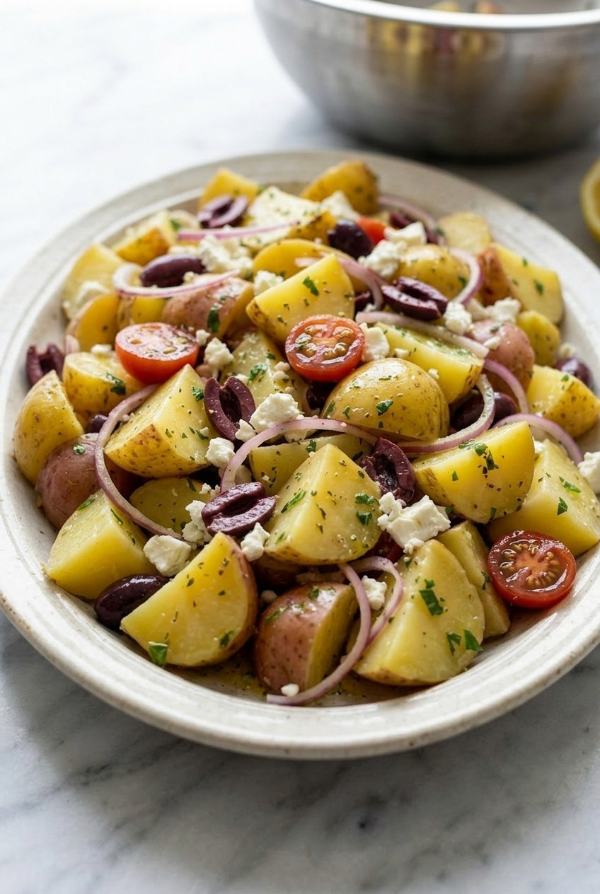 greek potato salad side view
