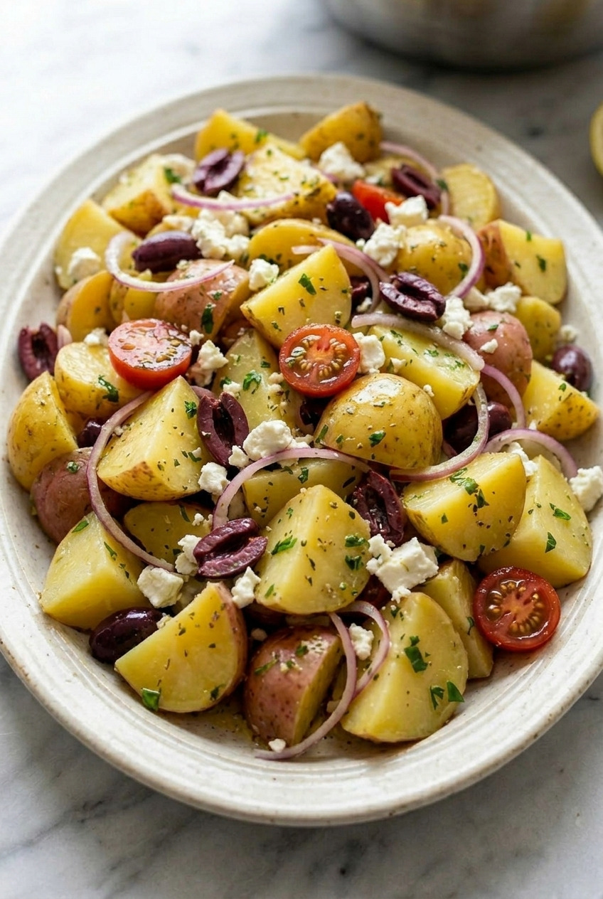 greek potato salad served