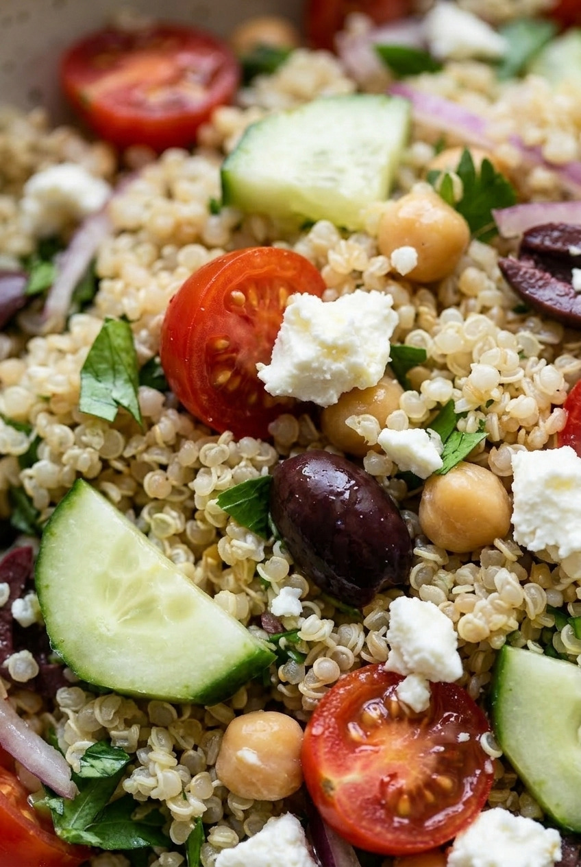 greek quinoa salad close up