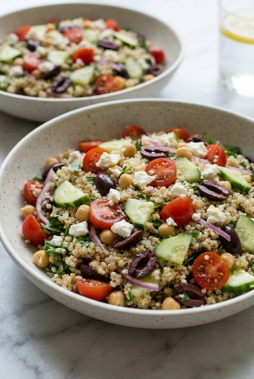 greek quinoa salad dinner scene