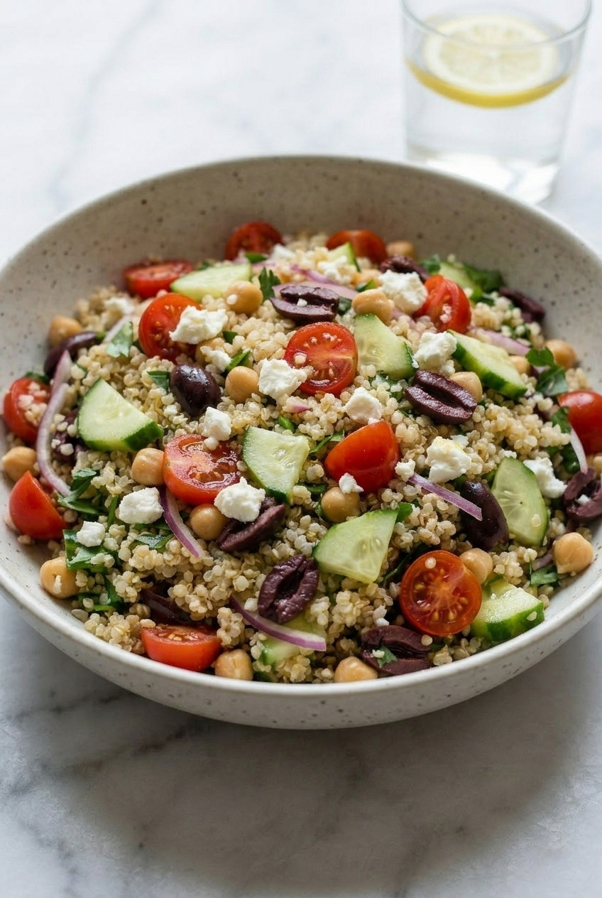 greek quinoa salad side view
