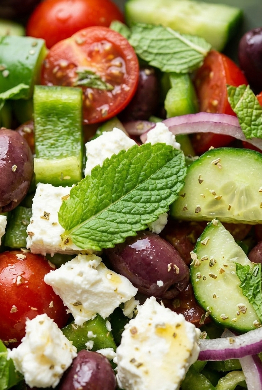 greek salad with fresh mint close up