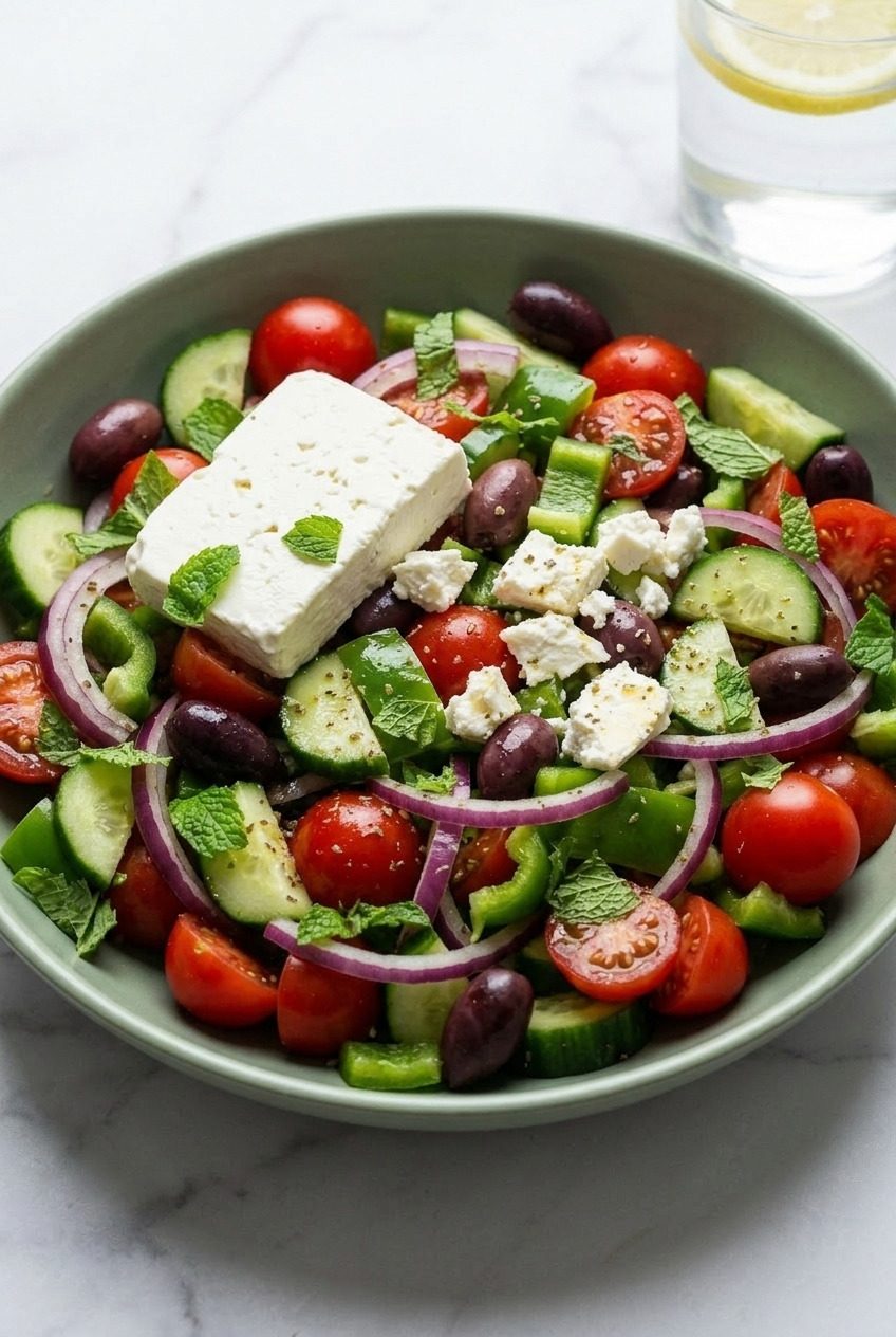greek salad with fresh mint dinner scene