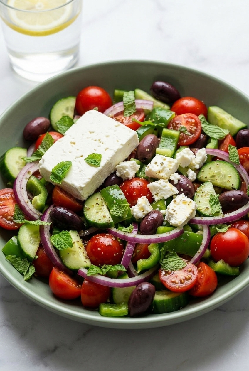 greek salad with fresh mint side view