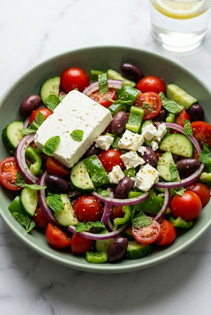 greek salad with fresh mint served