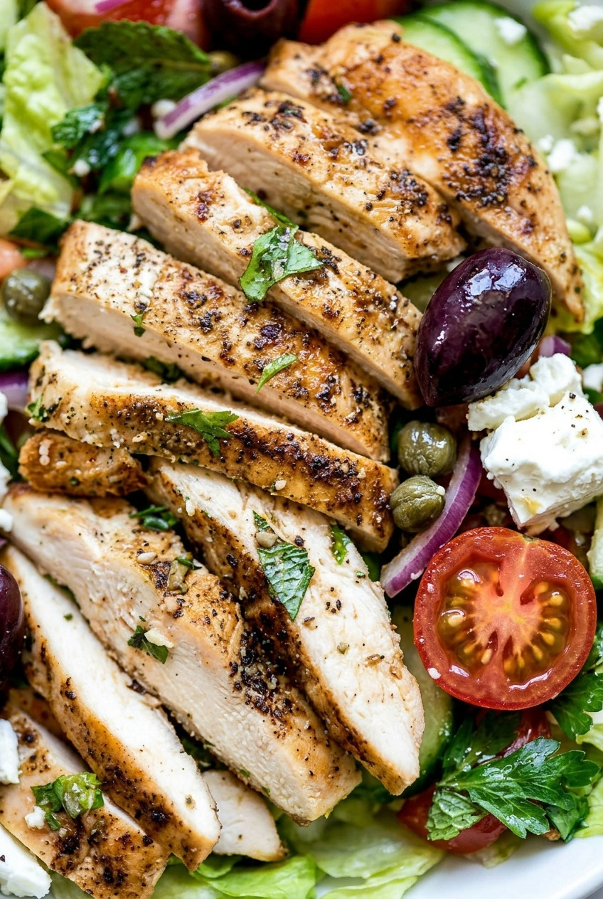 greek salad with grilled chicken close up