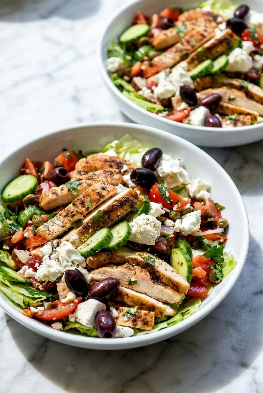 greek salad with grilled chicken dinner scene