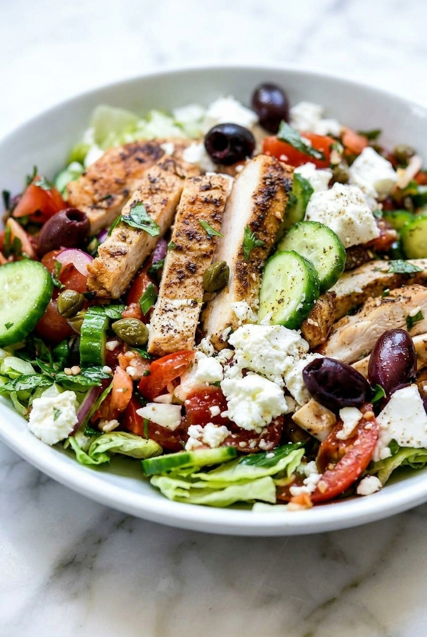 greek salad with grilled chicken side view