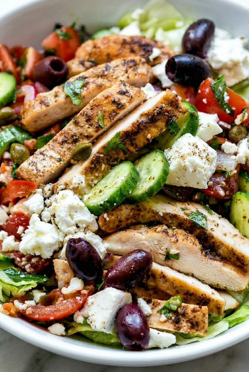 greek salad with grilled chicken served