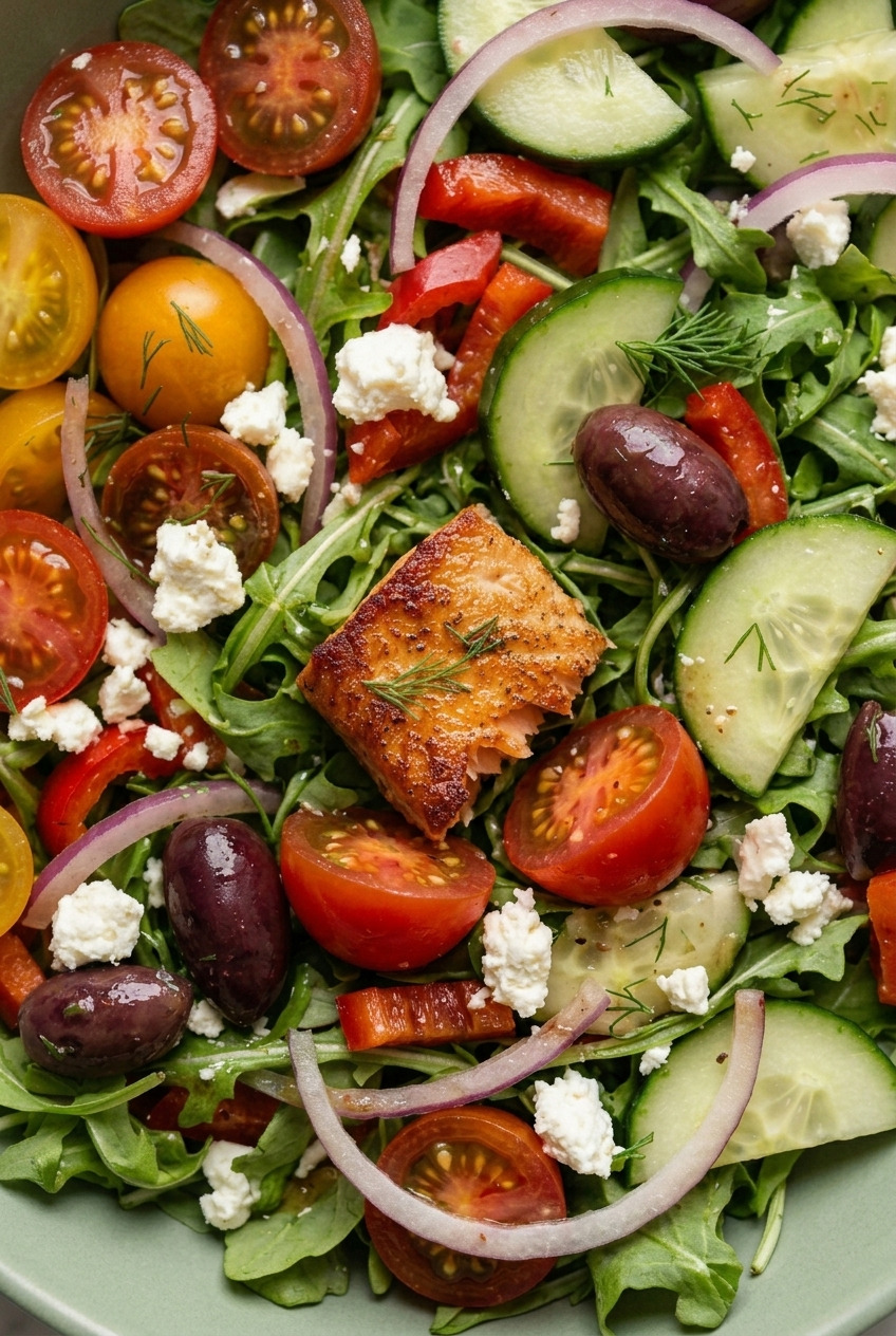 greek salmon salad close up