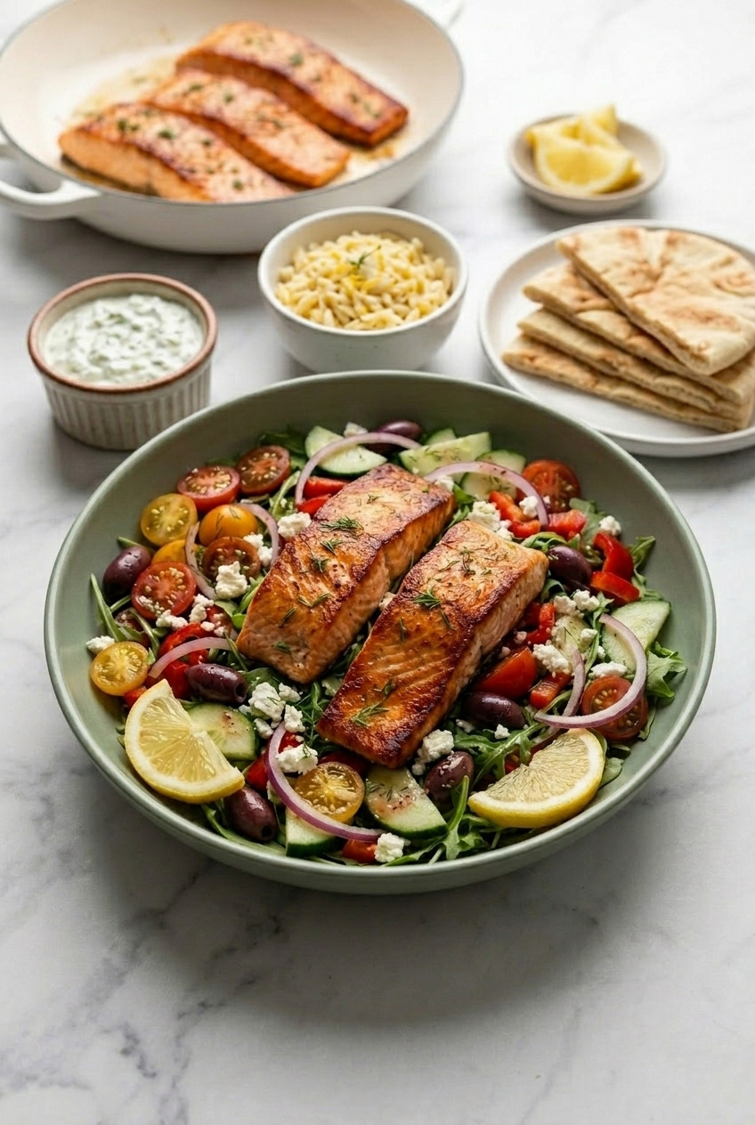 greek salmon salad complete meal