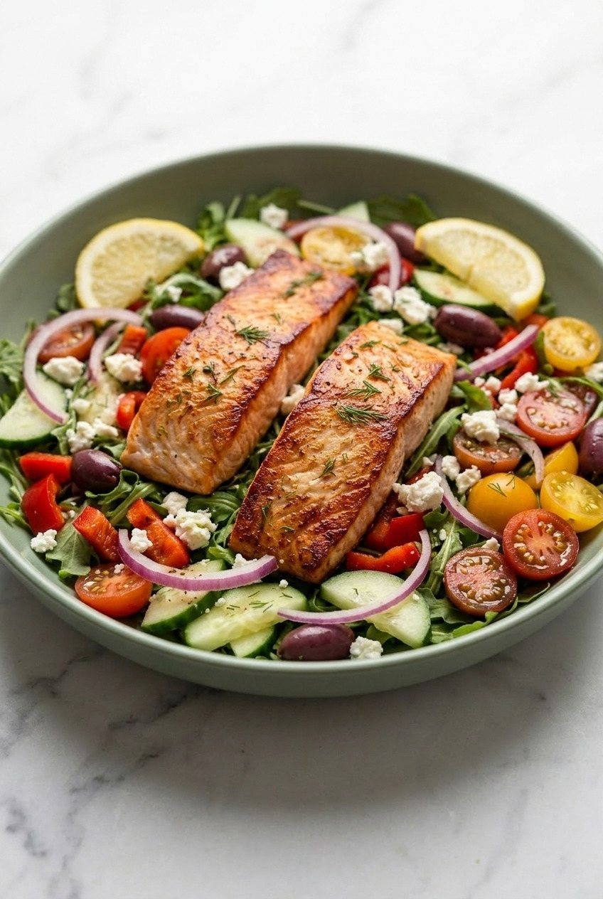 greek salmon salad dinner scene