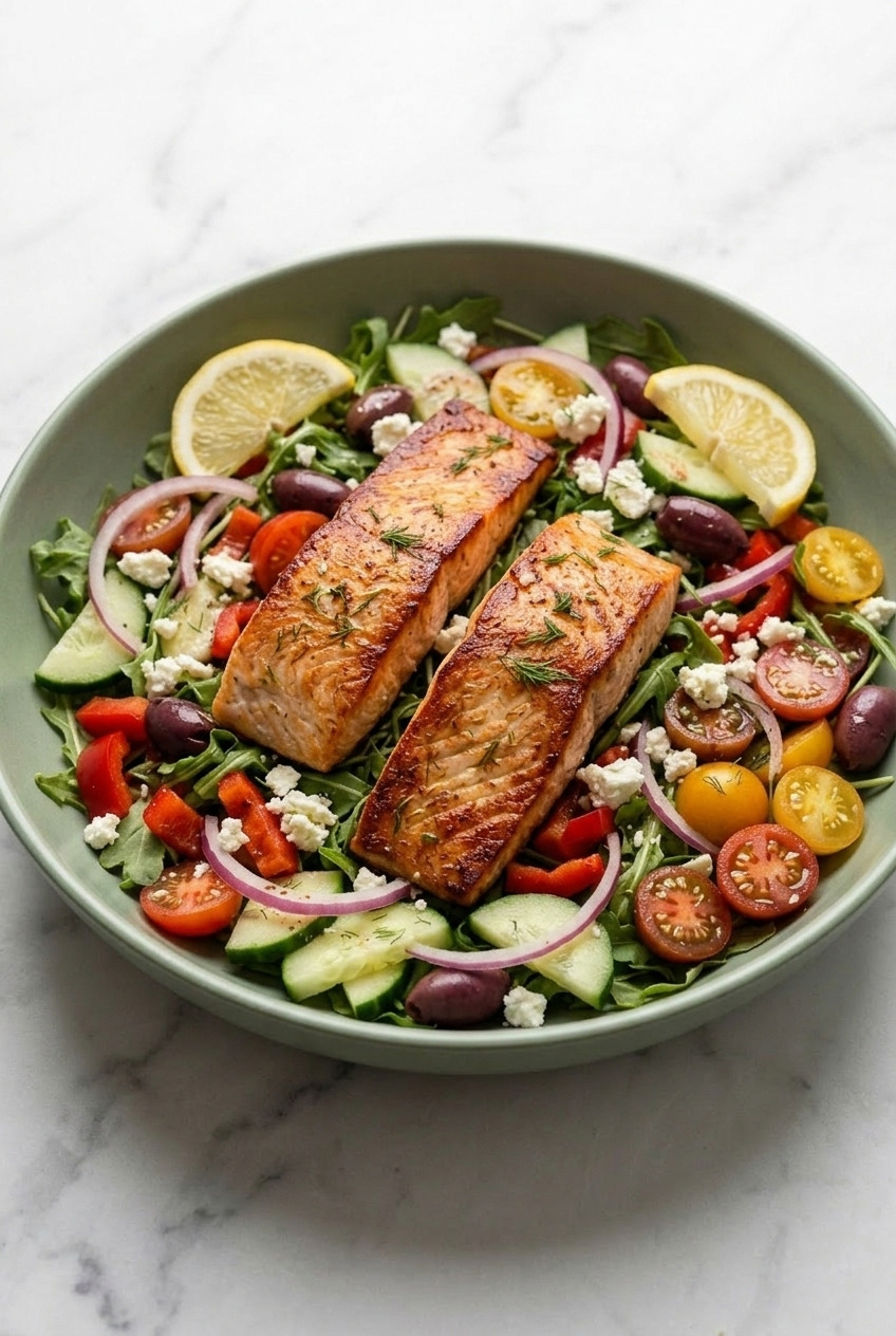 greek salmon salad side view