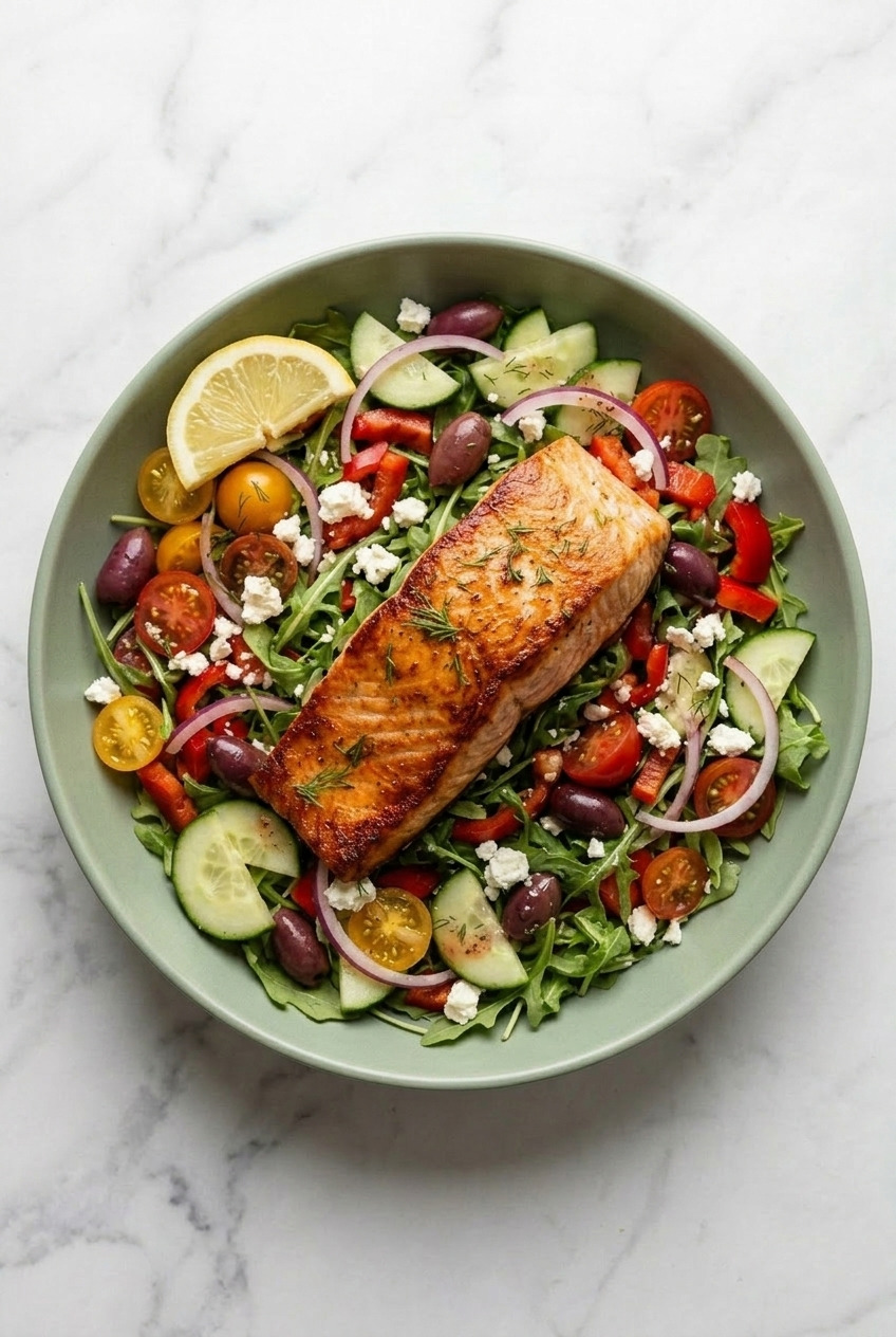 greek salmon salad served