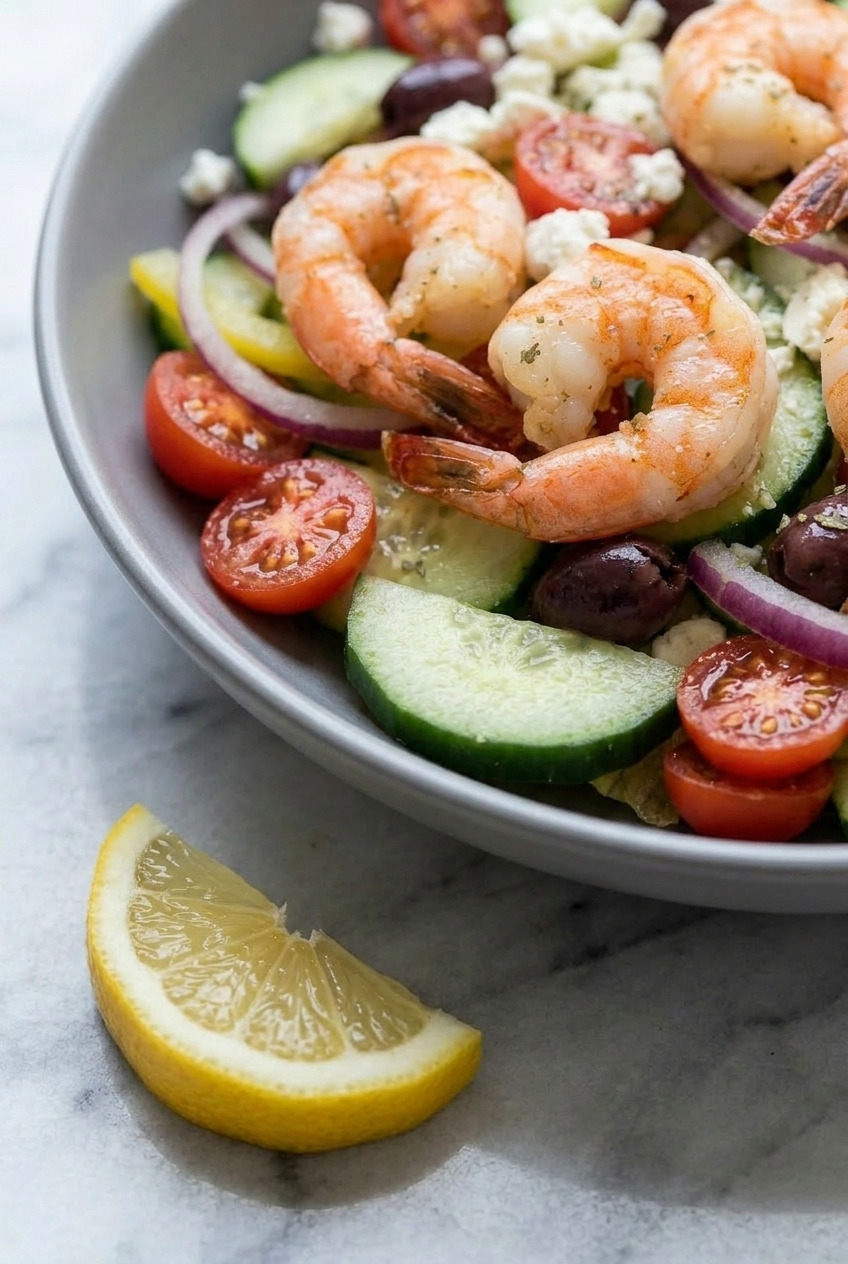greek shrimp salad close up