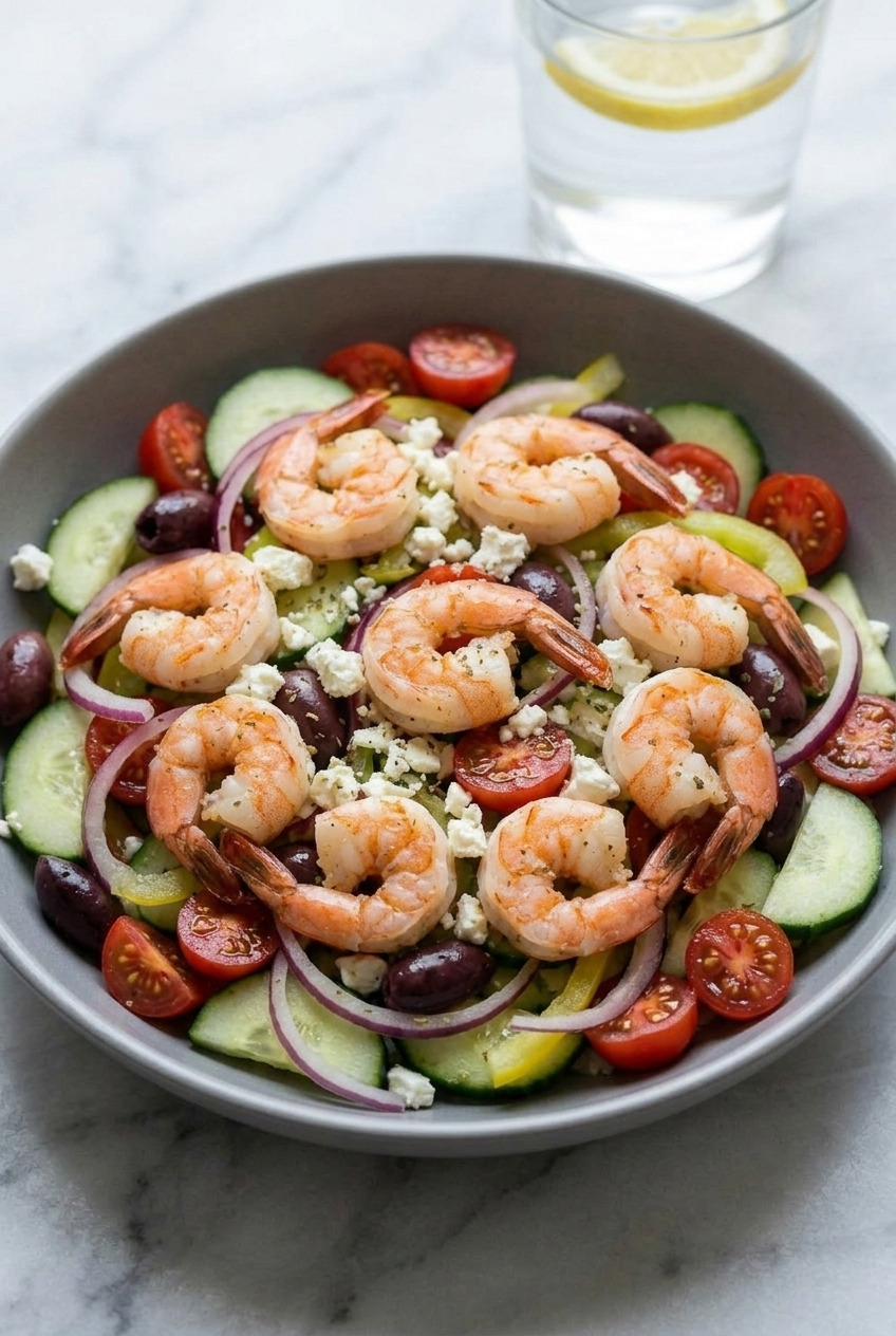 greek shrimp salad dinner scene