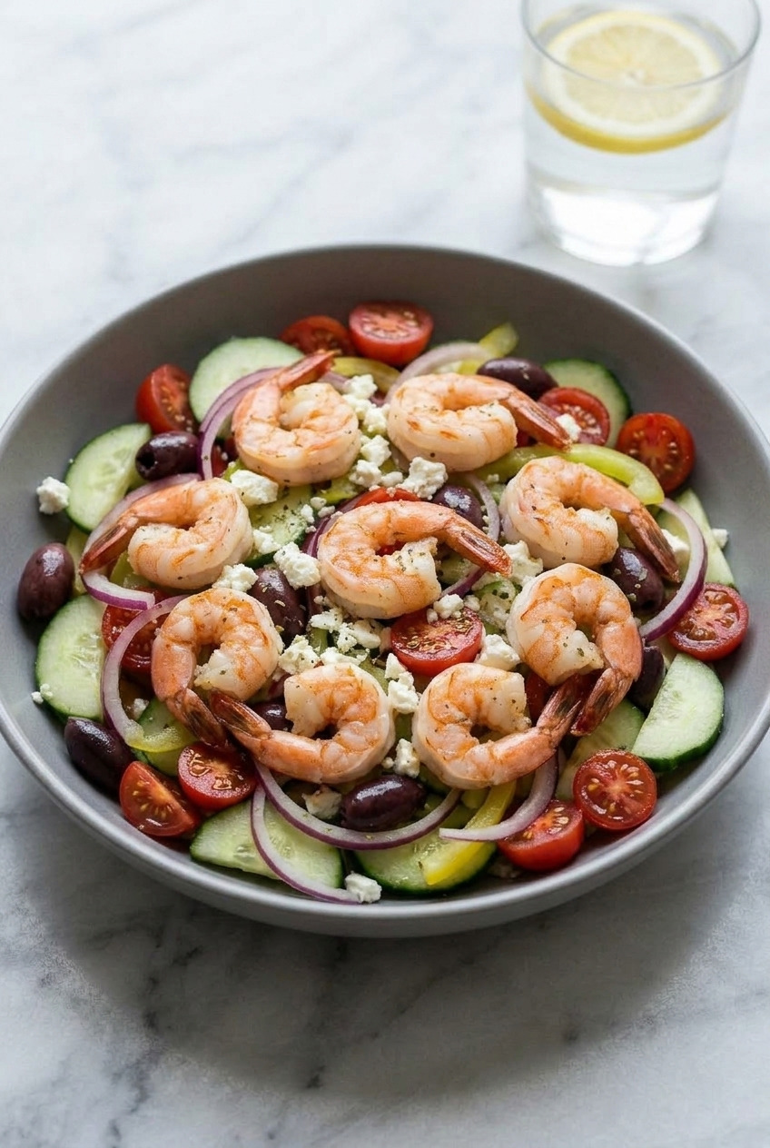 greek shrimp salad side view
