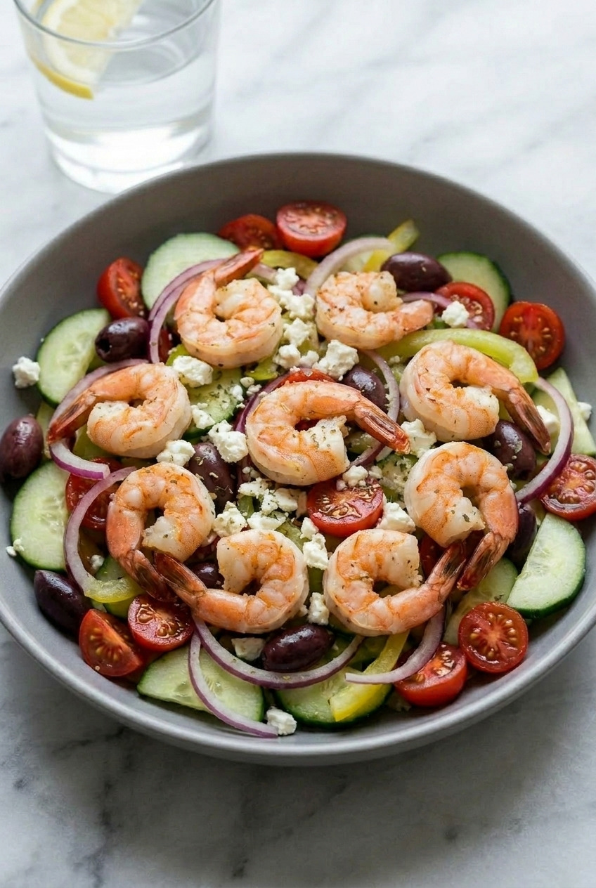 greek shrimp salad served