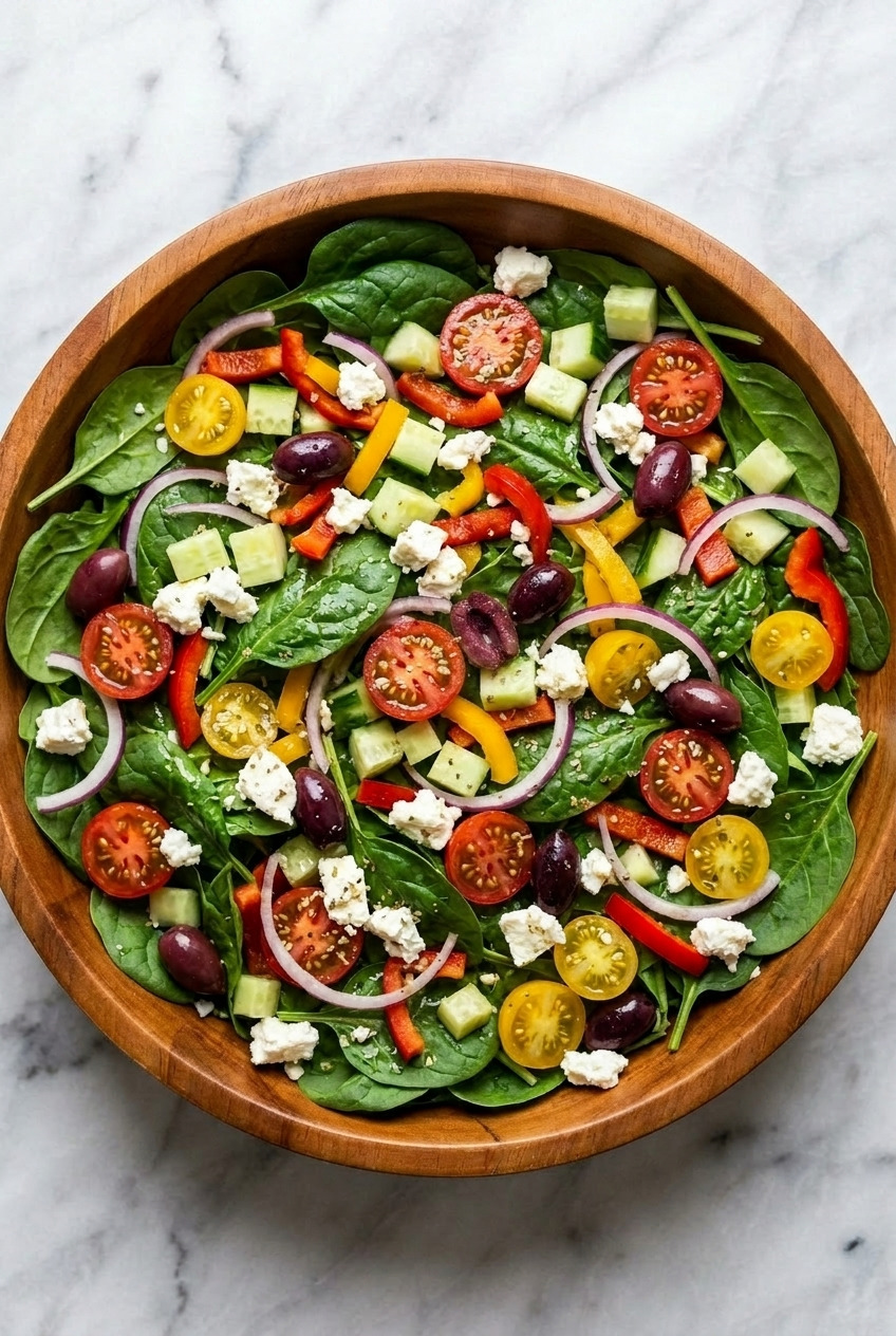 greek spinach salad close up