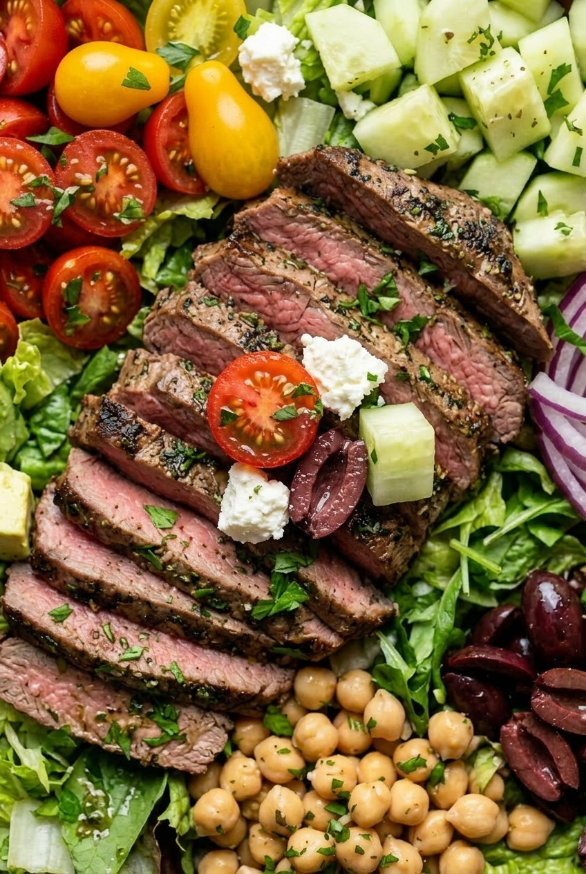 greek steak salad close up