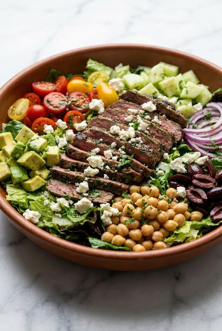 greek steak salad dinner scene
