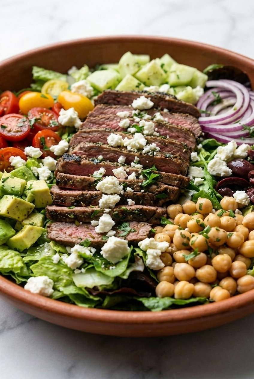 greek steak salad side view