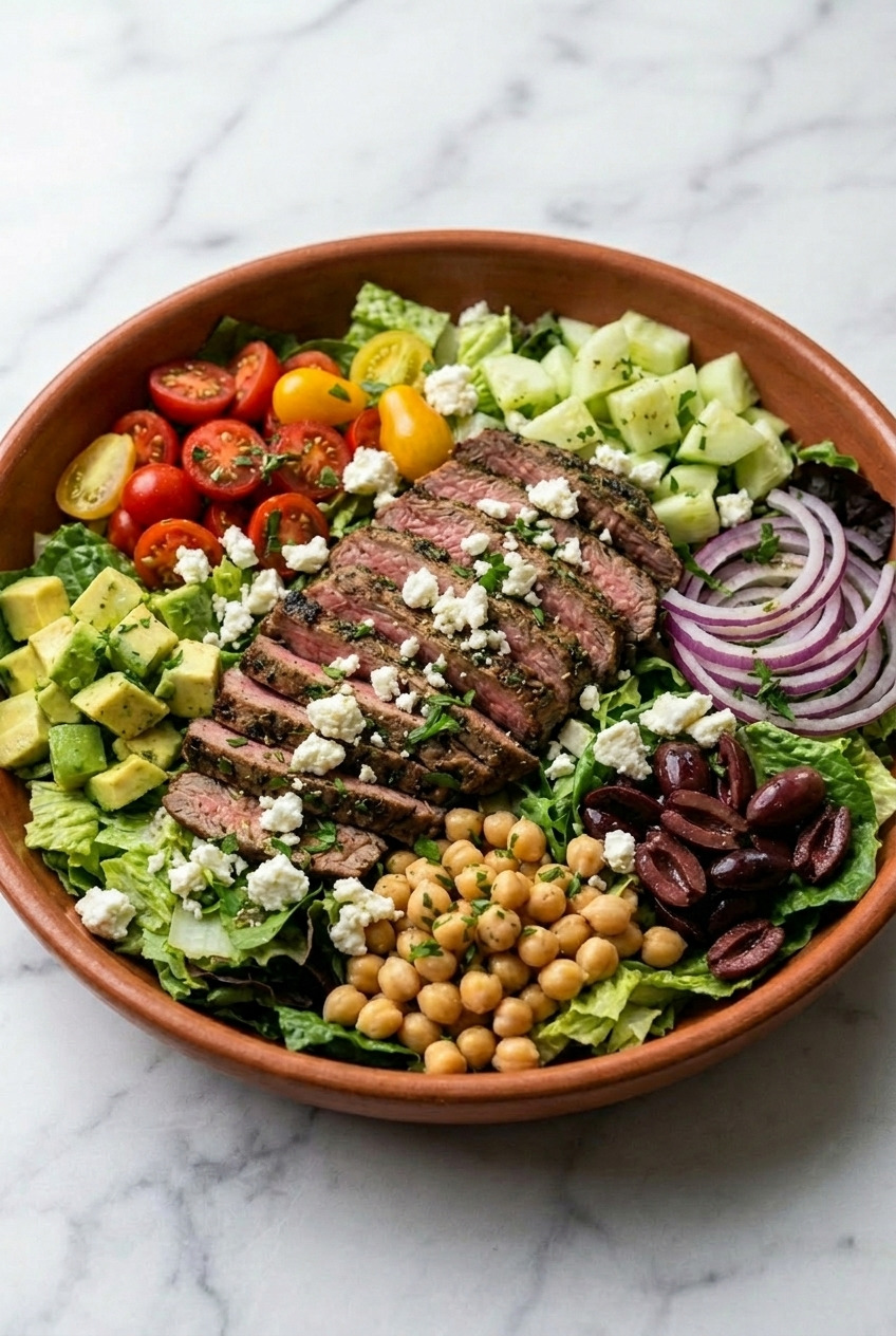 greek steak salad served