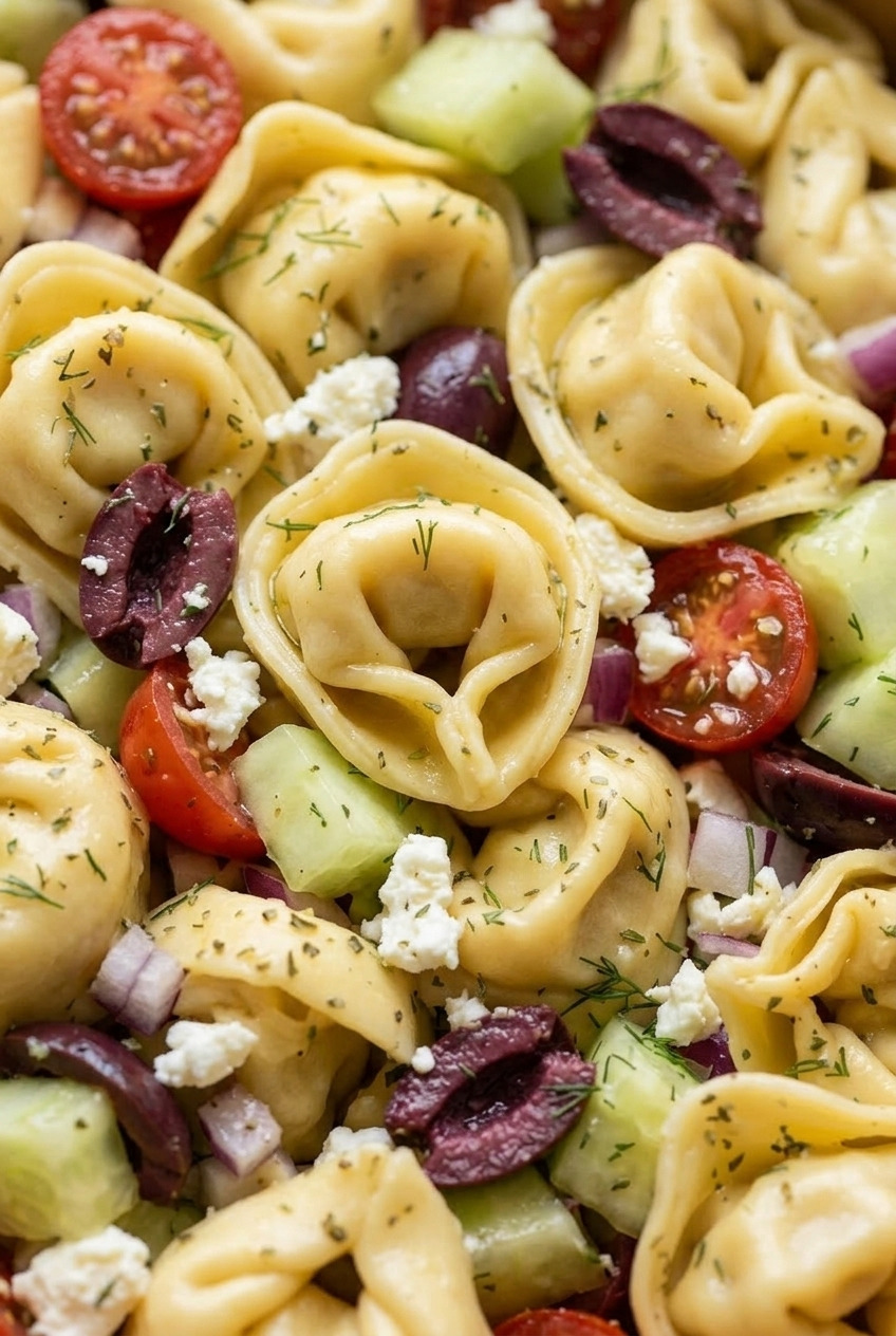 greek tortellini salad close up