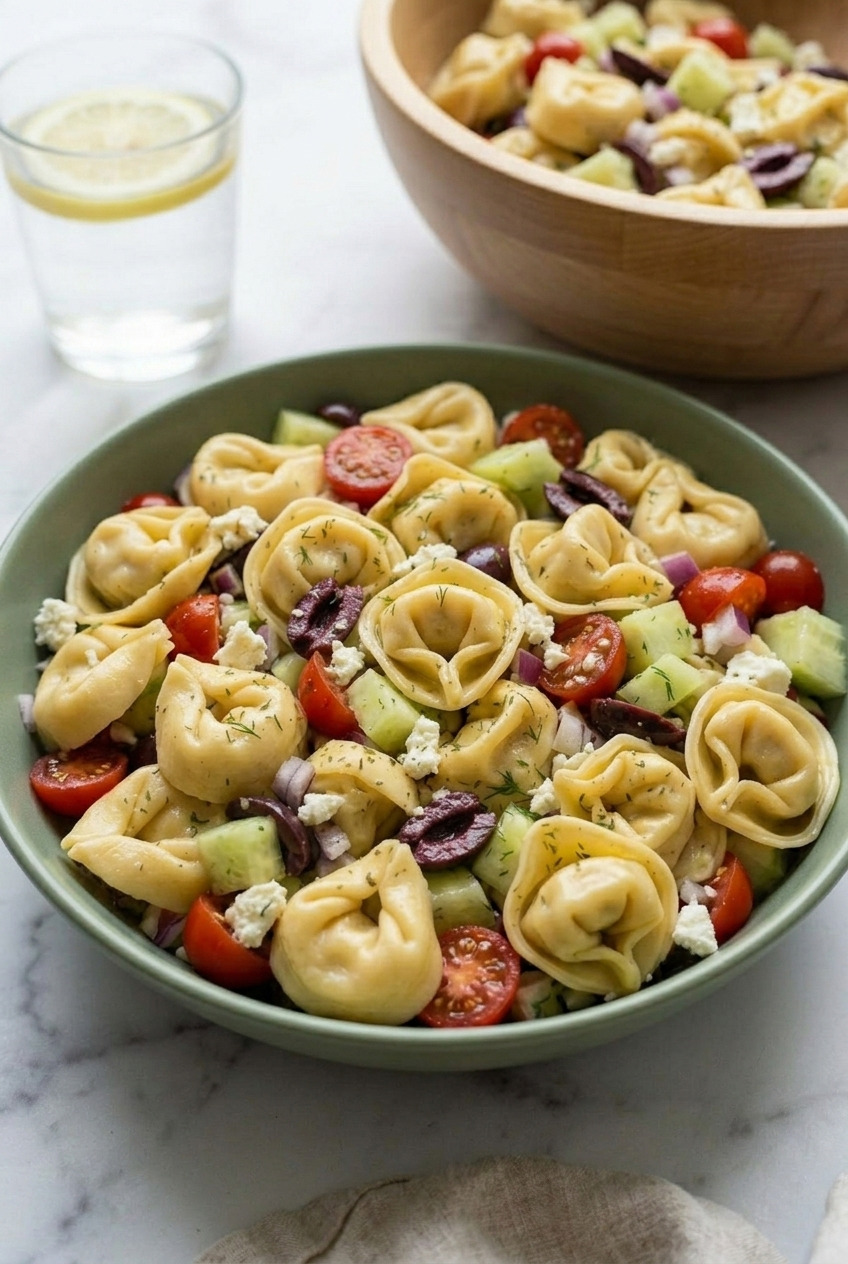 greek tortellini salad dinner scene