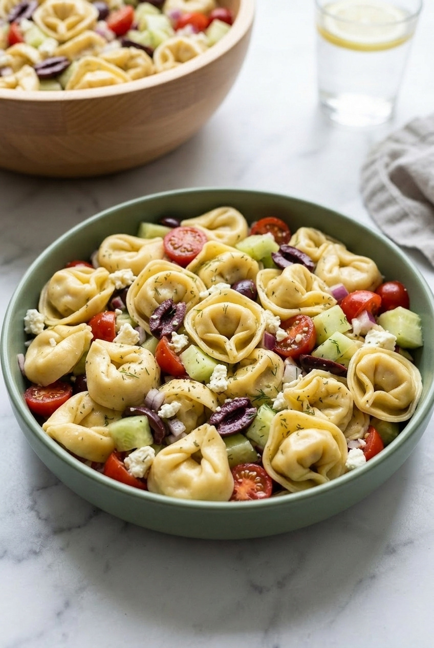 greek tortellini salad side view