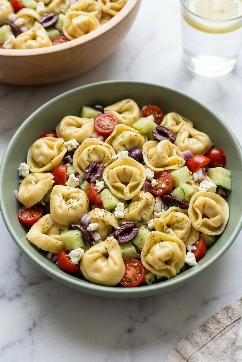 greek tortellini salad served