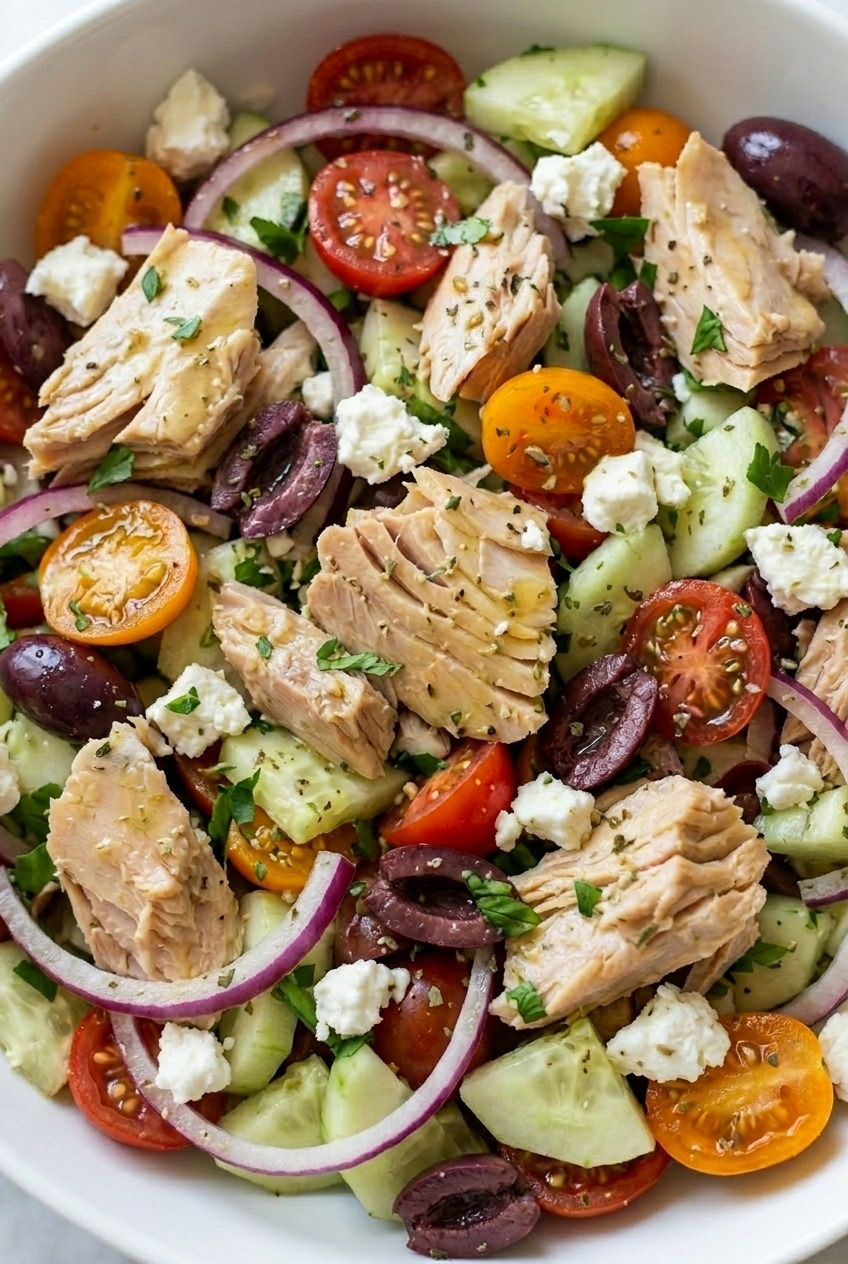 greek tuna salad close up