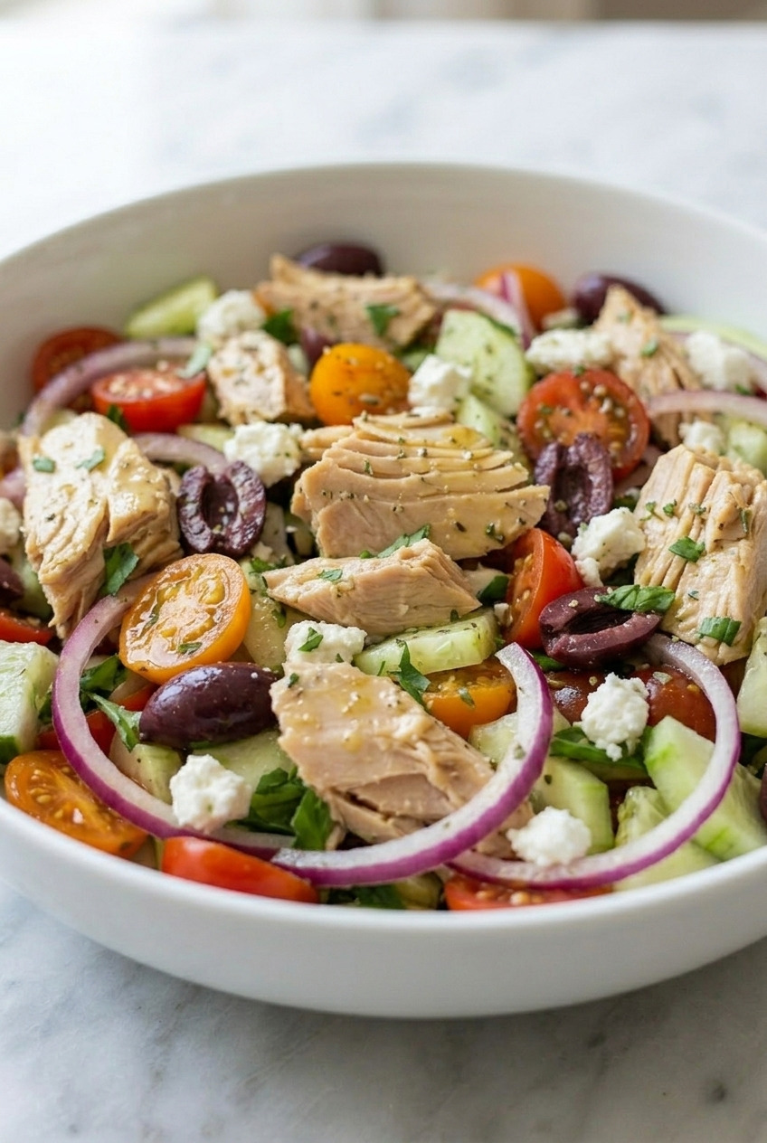greek tuna salad side view
