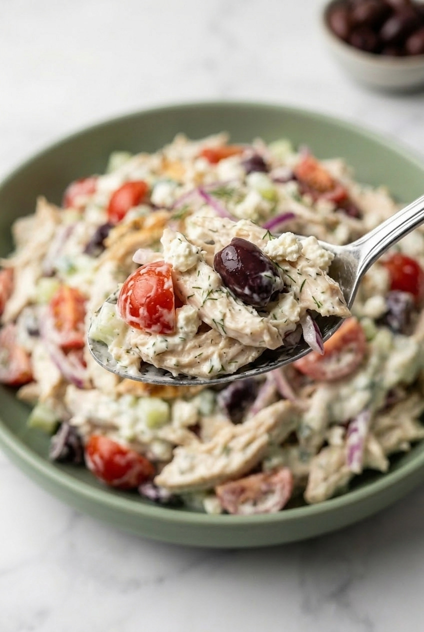 greek tzatziki chicken salad close up