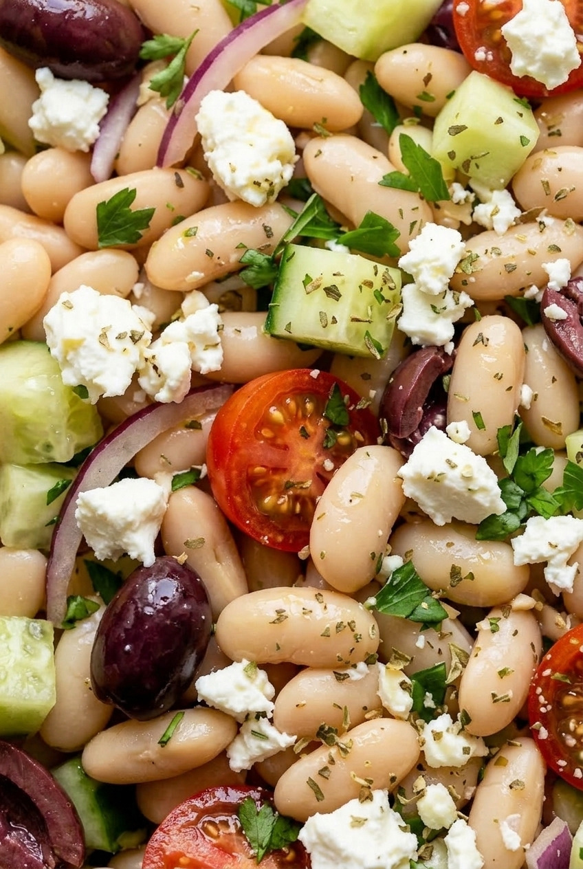 greek white bean salad close up