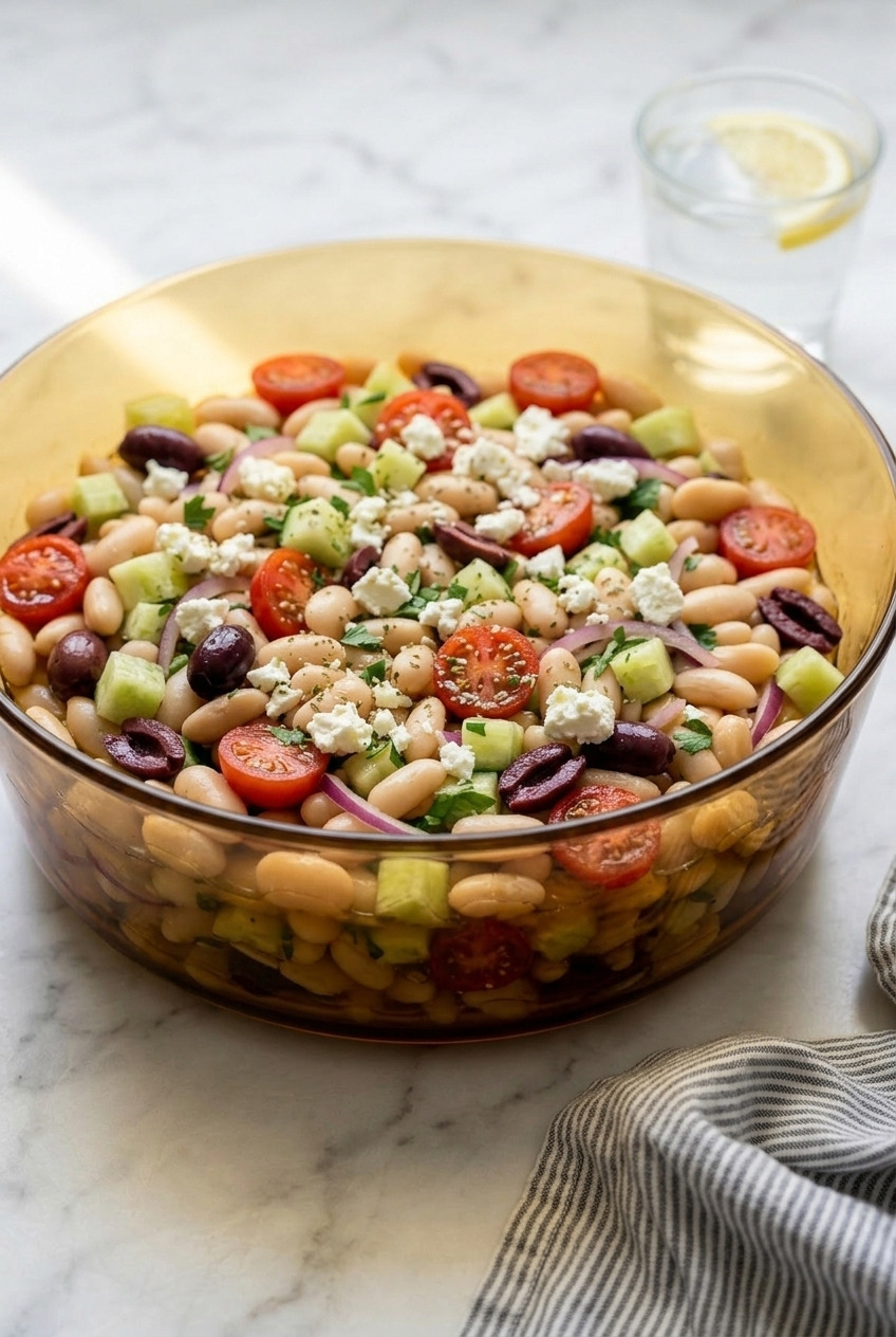 greek white bean salad dinner scene