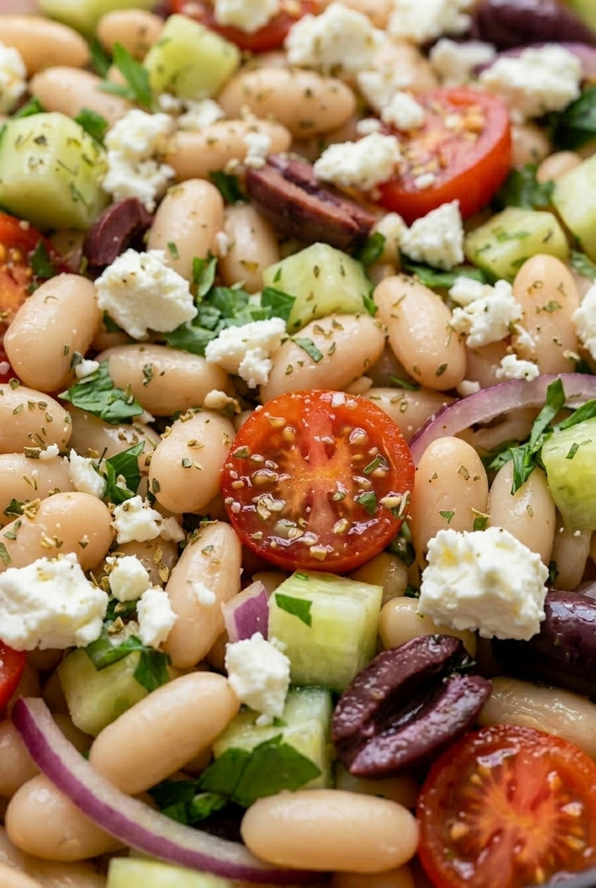 greek white bean salad side view