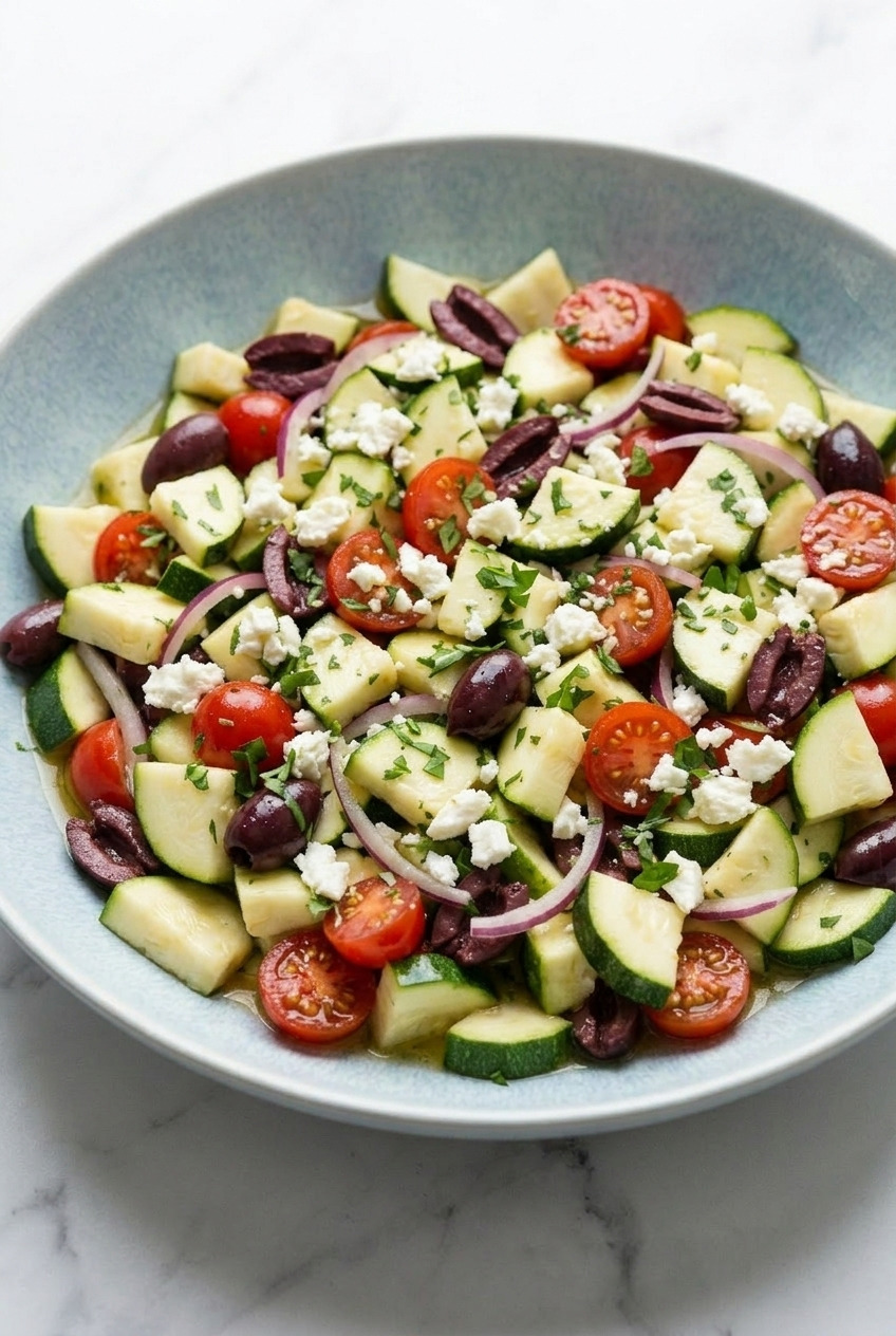 greek zucchini salad dinner scene