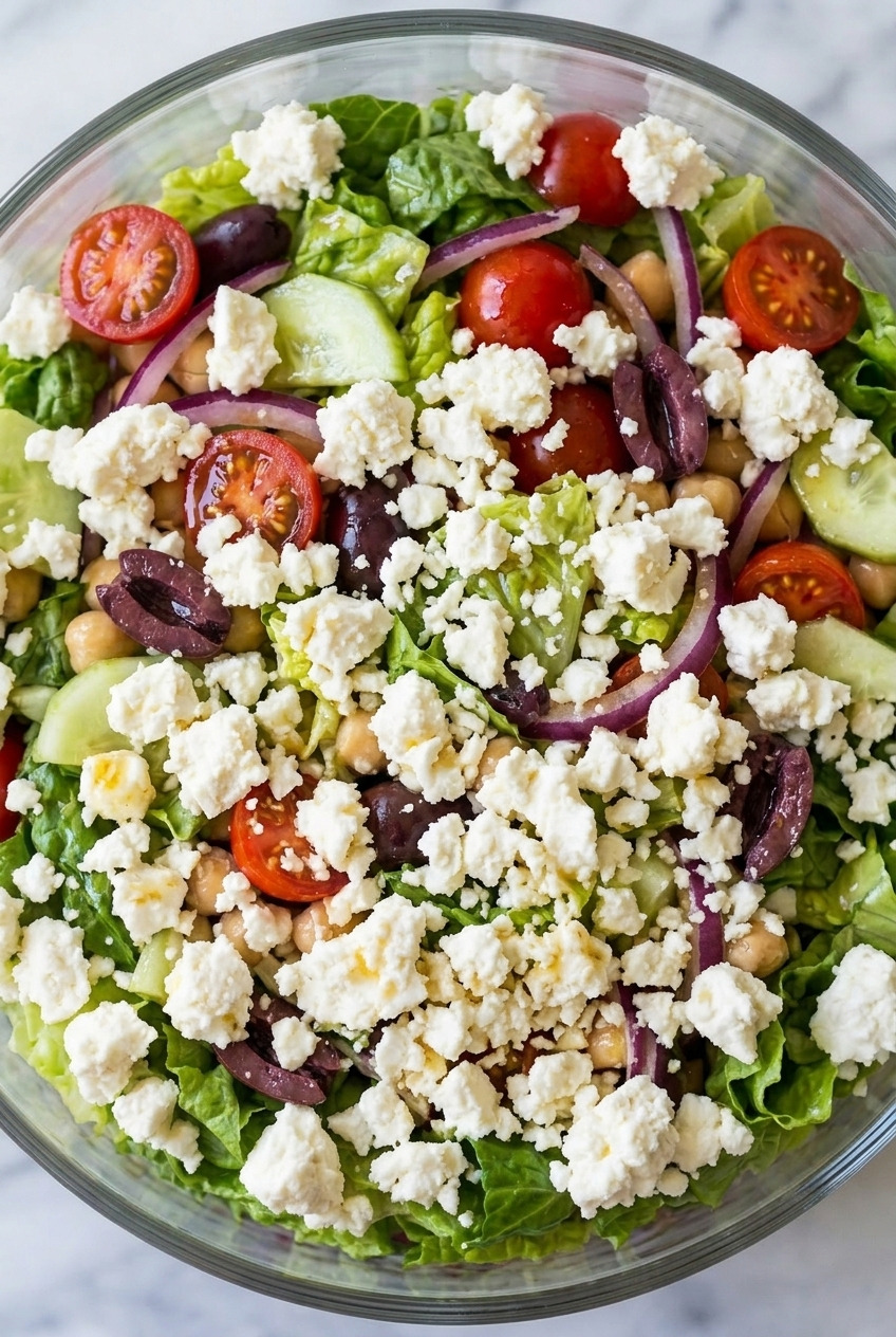 layered greek salad close up