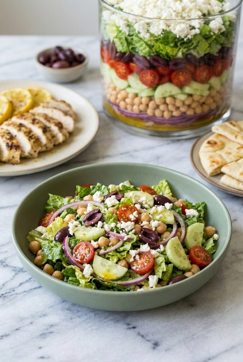 layered greek salad complete meal